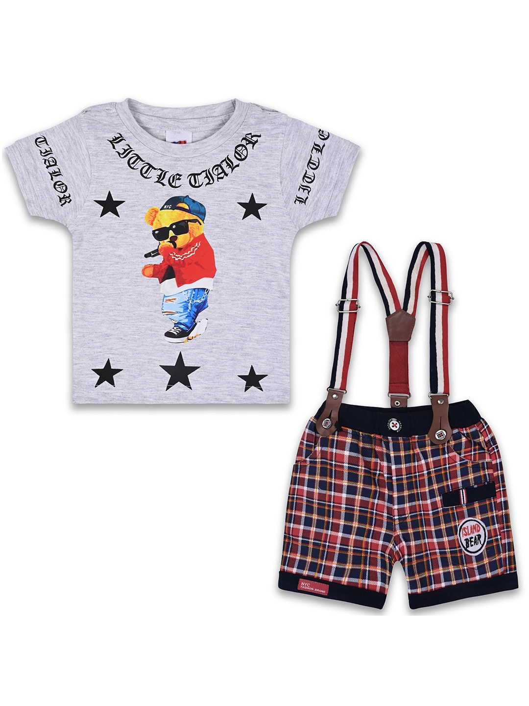 

Wish Karo Boys Printed Cotton T-shirt & Shorts With Suspender, Grey