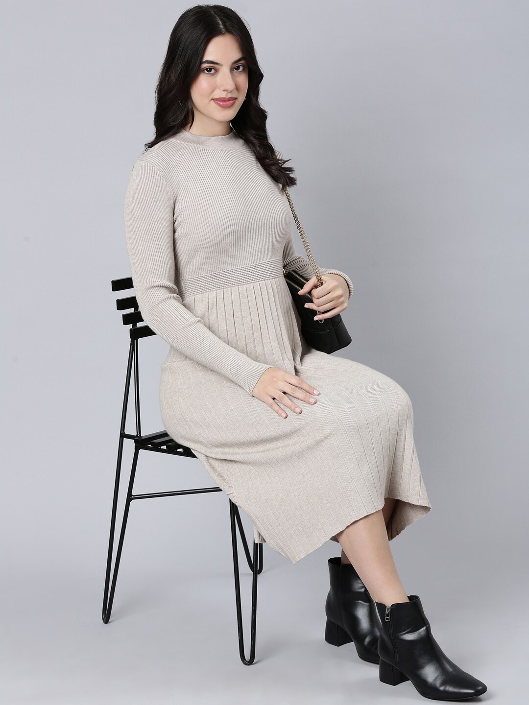 

SHOWOFF A-Line Midi Solid Long Sleeve Dress, Beige