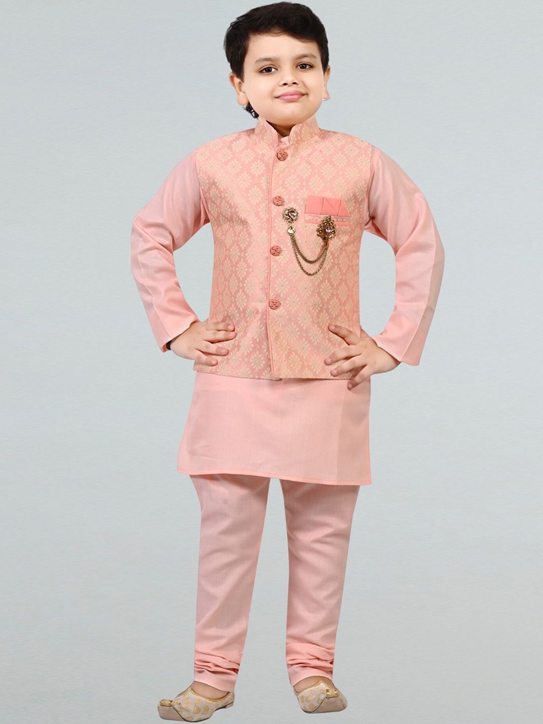 

BT DEZINES Boys Regular Raw Silk Mandarin Collar Kurta with Churidar With Waistcoat, Pink