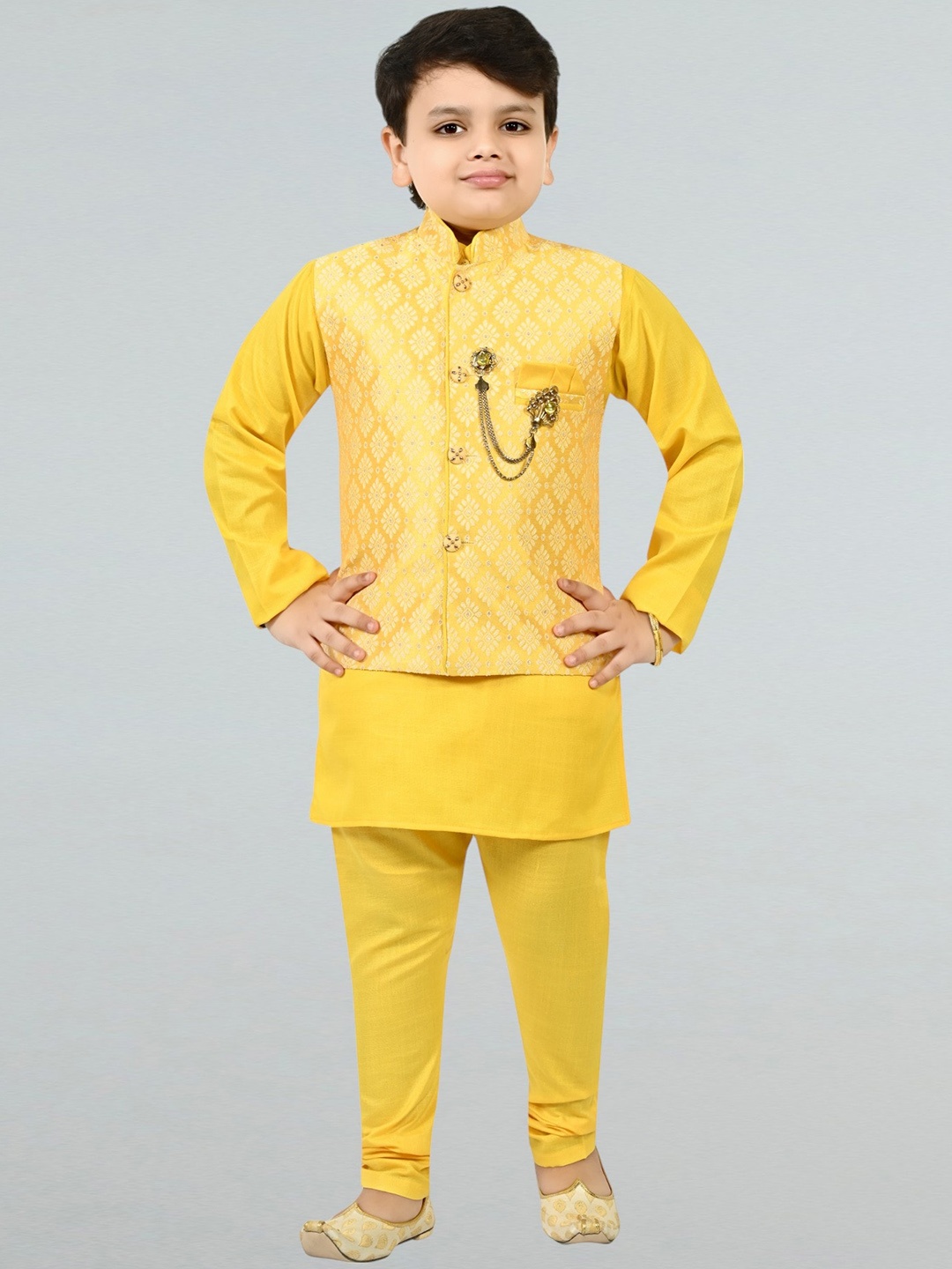 

BT DEZINES Boys Regular Raw Silk Mandarin Collar Kurta with Churidar With Waistcoat, Yellow