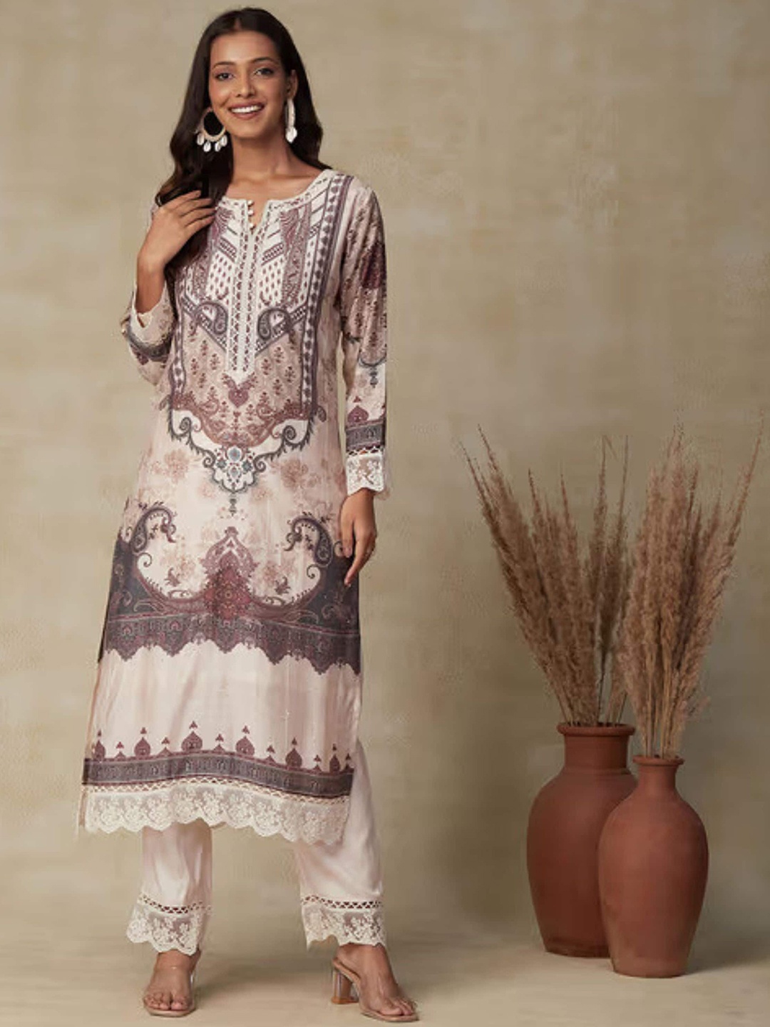 

NIZA FASHION Ethnic Motifs Printed Straight Thread Work Kurta with Trousers & Dupatta, White