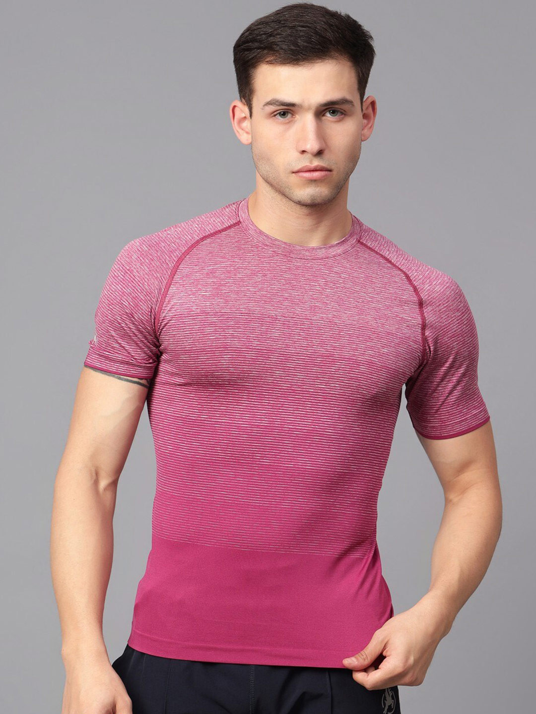 

Trenz Men Striped Raw Edge Slim Fit T-shirt, Maroon