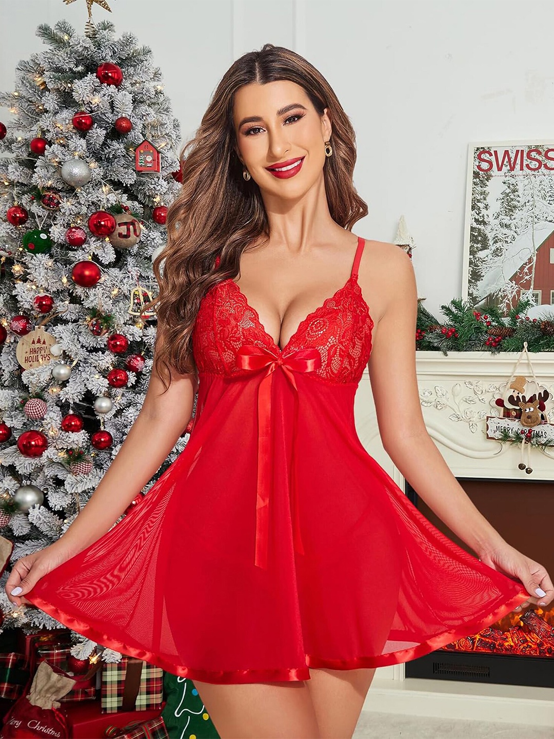 

Aamarsh Self Design Net Baby Doll, Red