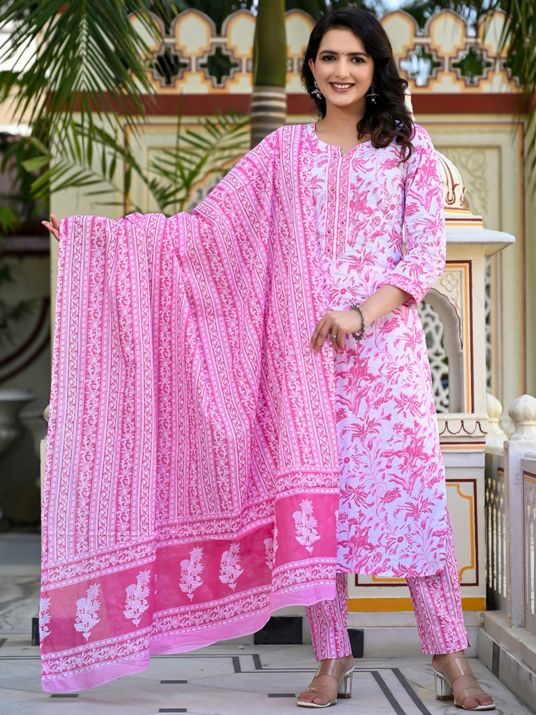 

Chandbaali Floral Printed Mirror Work Pure Cotton Straight Kurta With Trousers & Dupatta, Pink