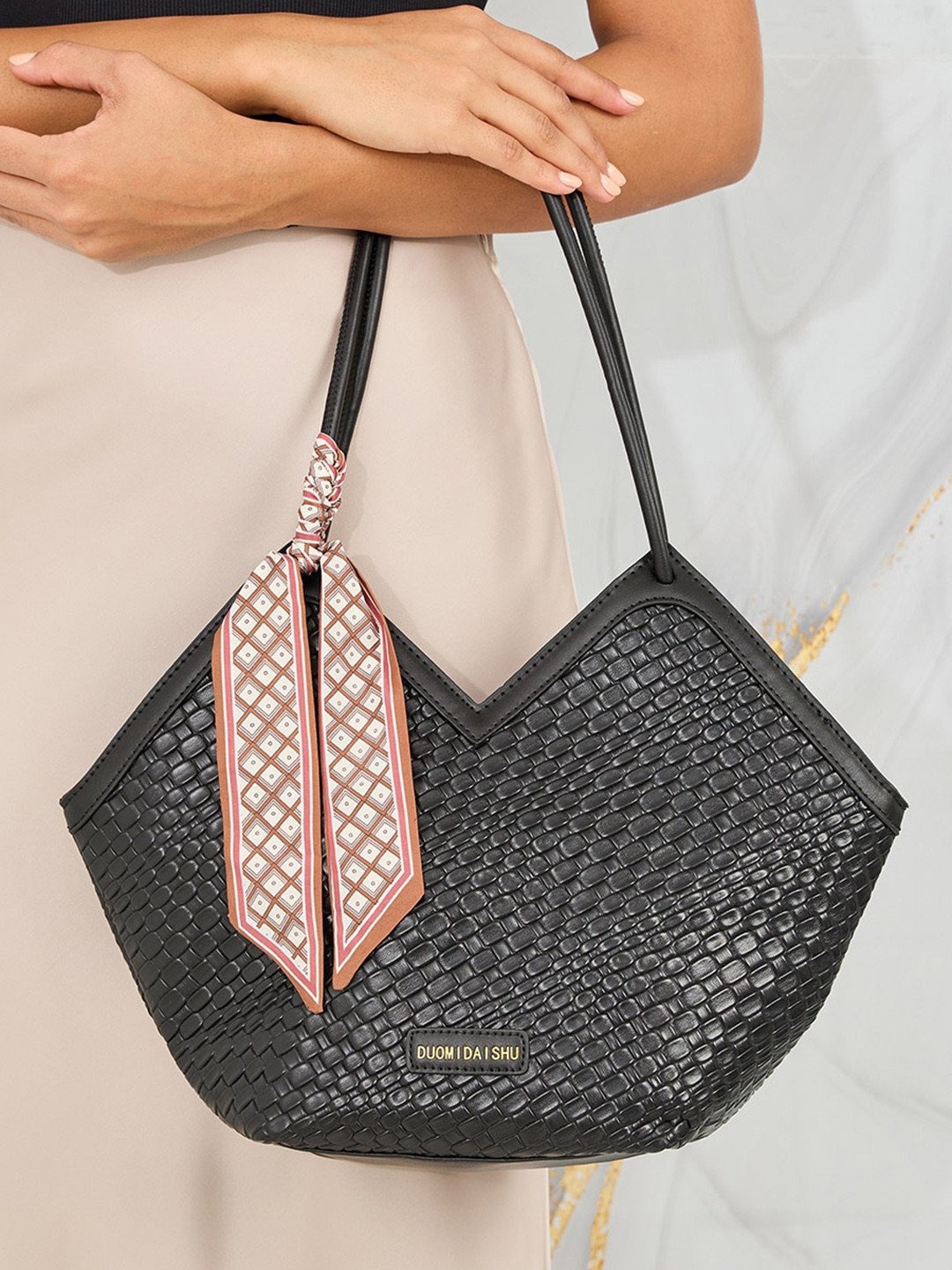 

Styli Women's Black Textured Bag with Scarf Detail