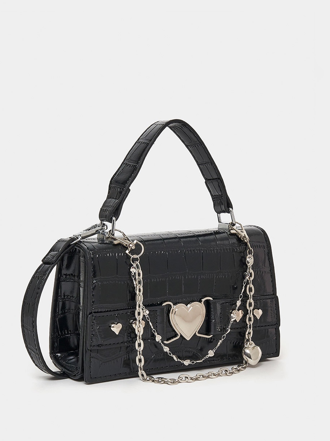 

Styli Croc Textured Heart Buckle Trim Chain Handbag, Black