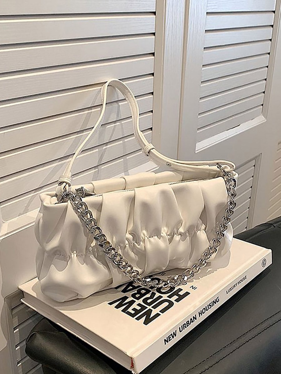 

Styli Women's White Gathered Design Shoulder Bag with Chain