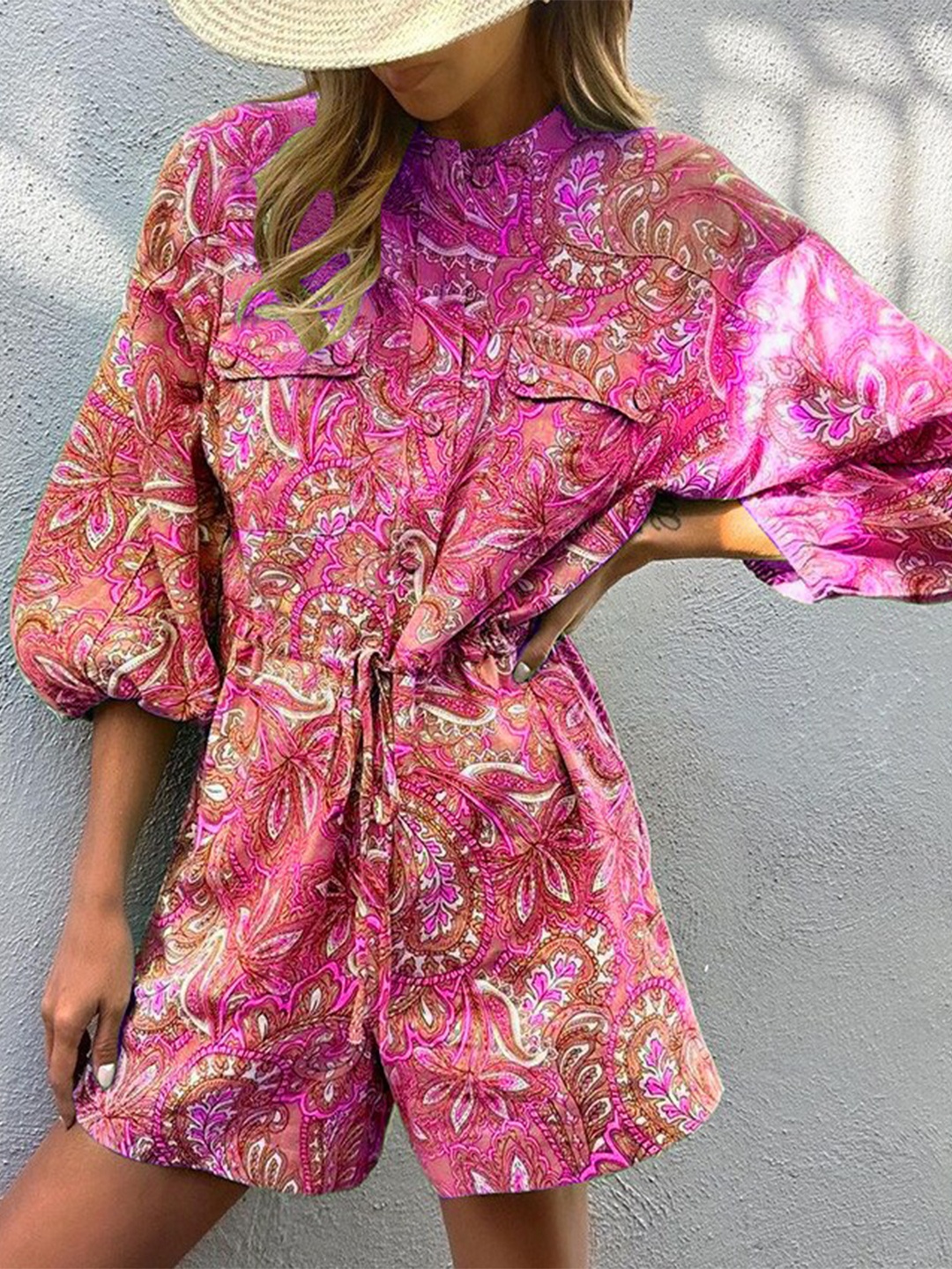 

StyleCast Pink Paisley Printed Shirt Collar Cuffed Sleeves Jumpsuit