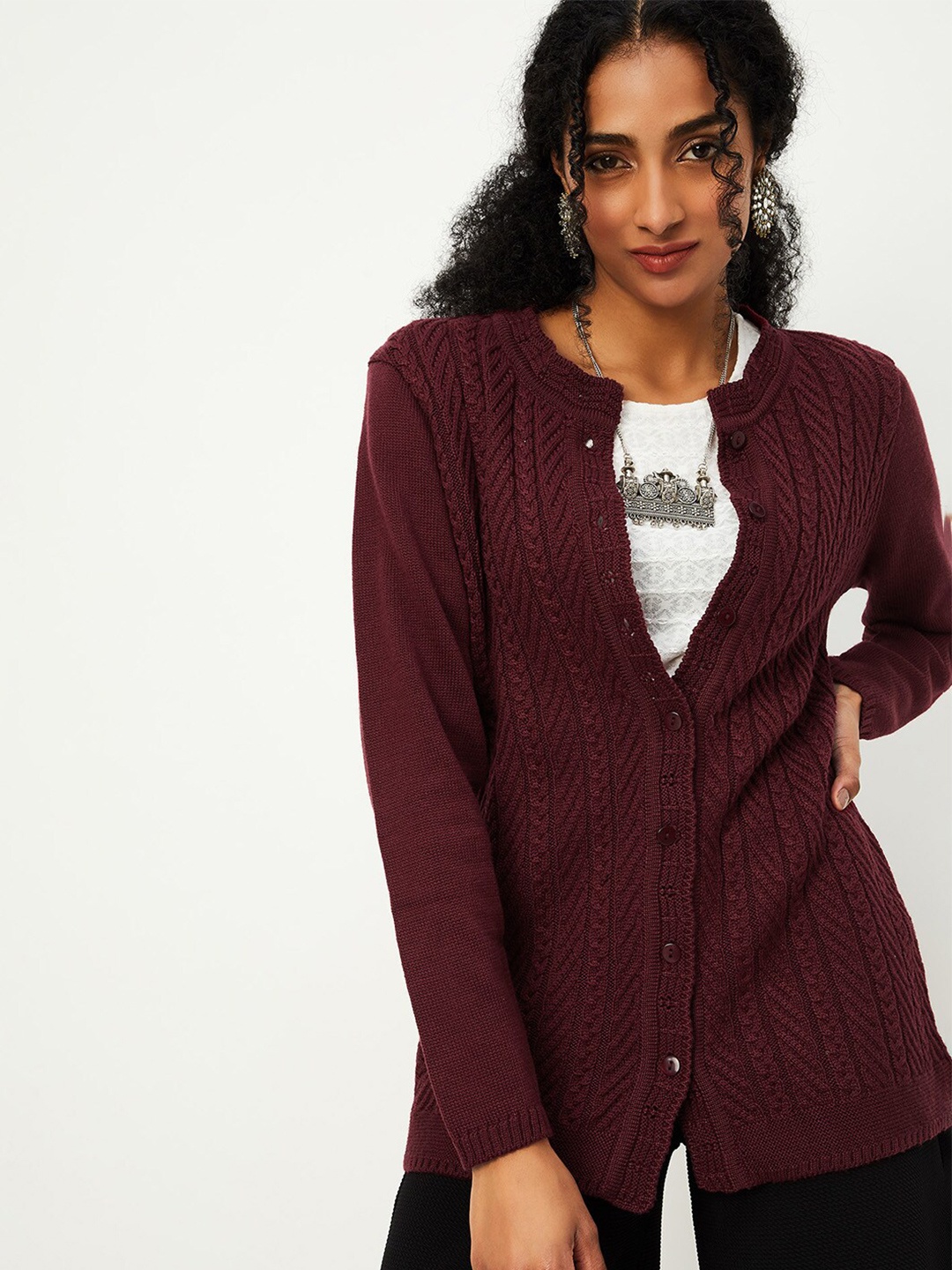 

max Ribbed Self Design Cable Knit Acrylic Cardigan, Maroon