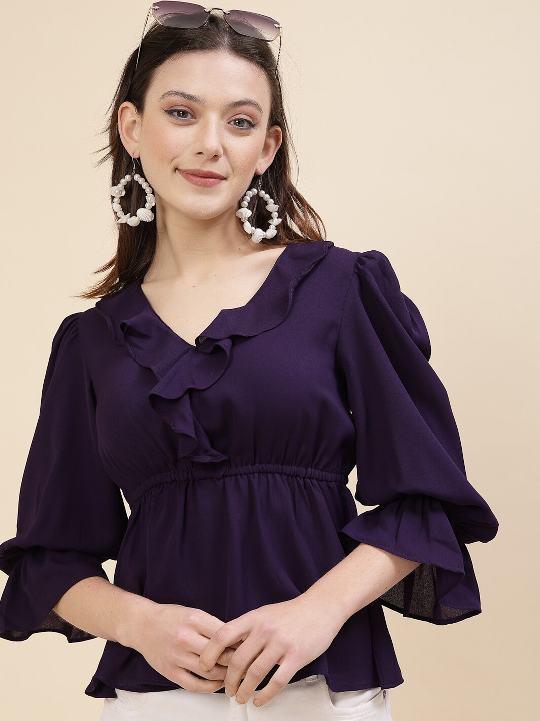 

RAASSIO Bell Sleeve Crepe Cinched Waist Top, Purple