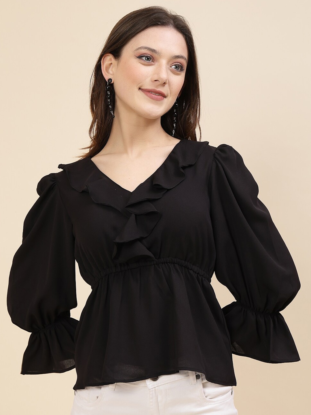 

RAASSIO Bell Sleeve Crepe Cinched Waist Top, Black
