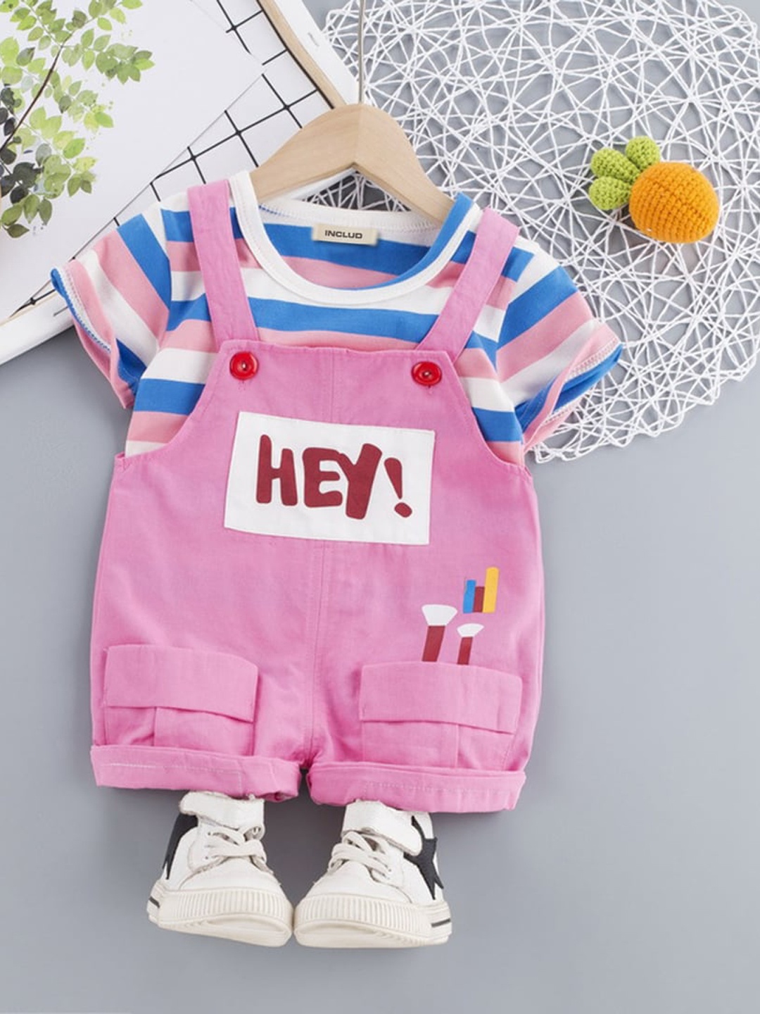 

INCLUD Girls Striped T-shirt With Short Dungaree Set, Pink