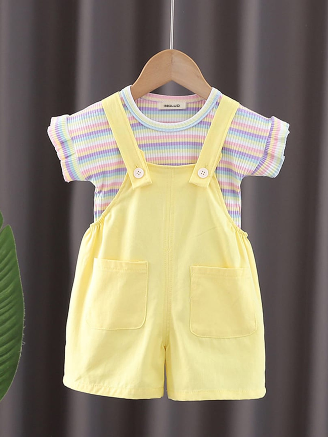 

INCLUD Girls Striped T-shirt With Dungaree Set, Yellow