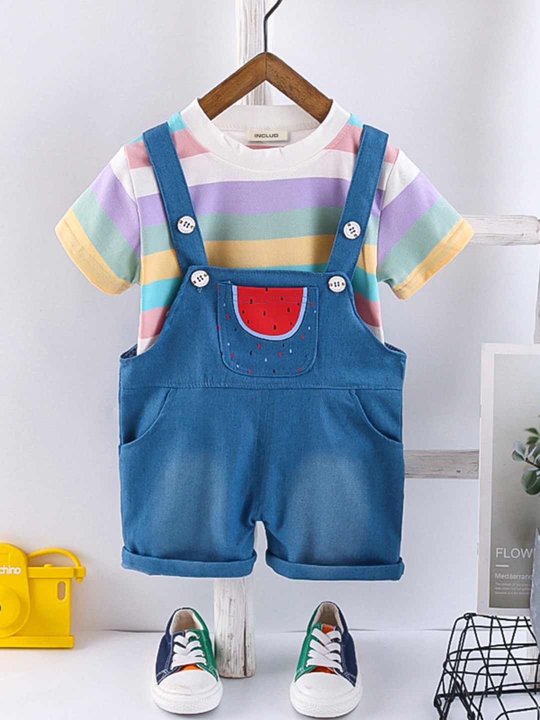 

INCLUD Boys Printed Denim Dungarees With Striped T-Shirt, Blue