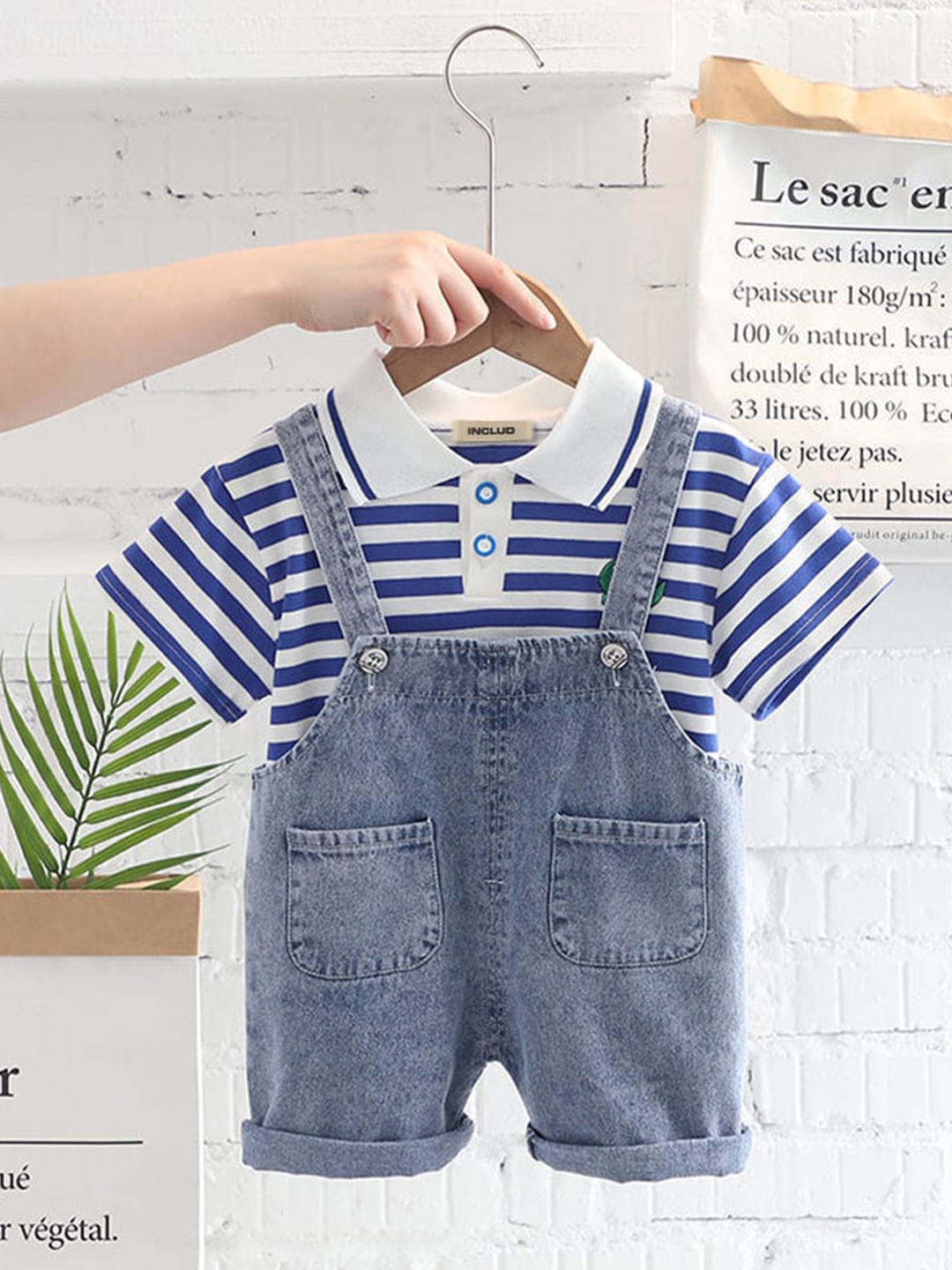

INCLUD Boys Striped T-shirt With Denim Dungarees, Blue