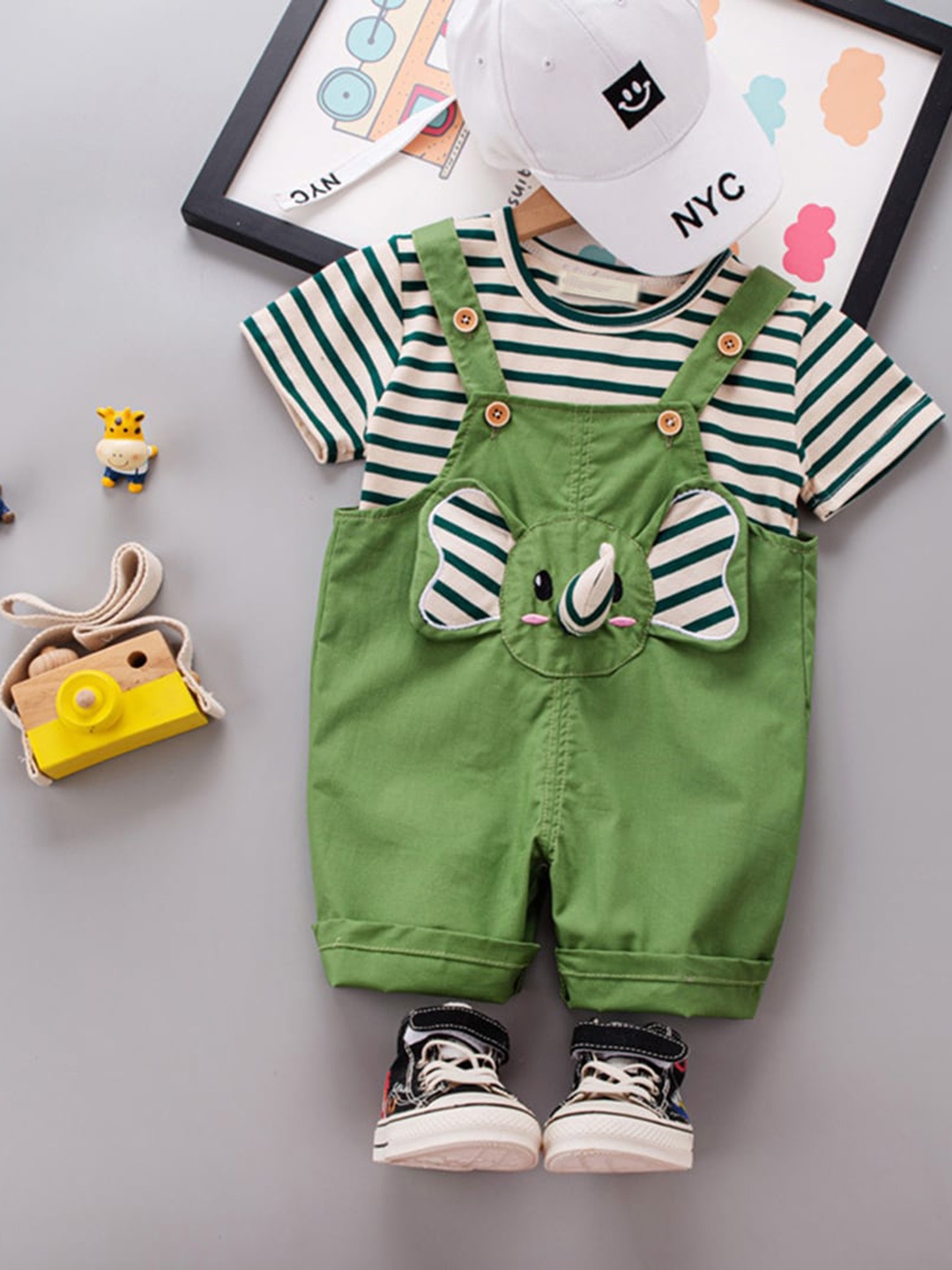 

INCLUD Boys Dungaree With Striped T-Shirt, Green