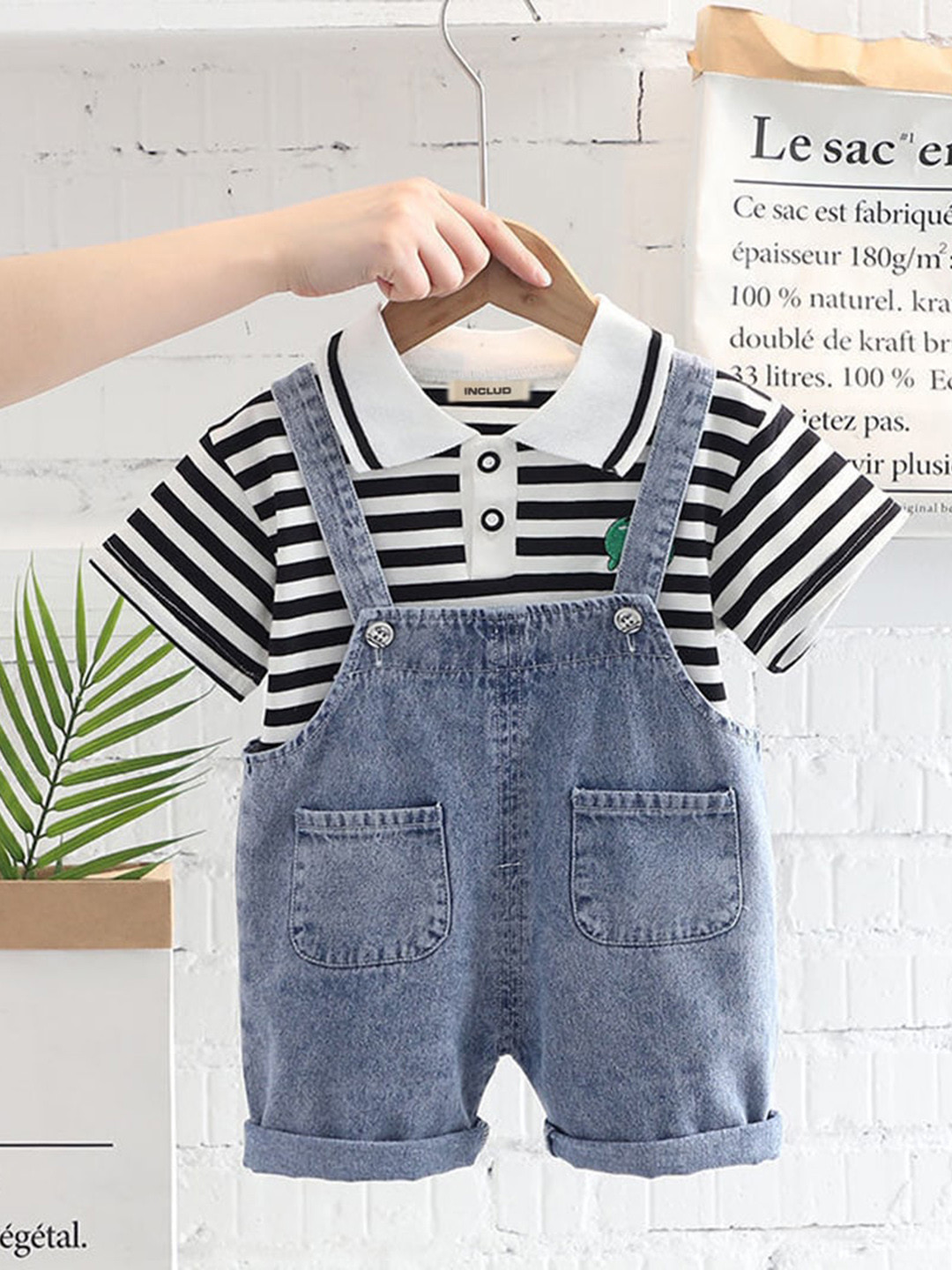 

INCLUD Boys Denim Dungaree With Striped T-shirt, Blue