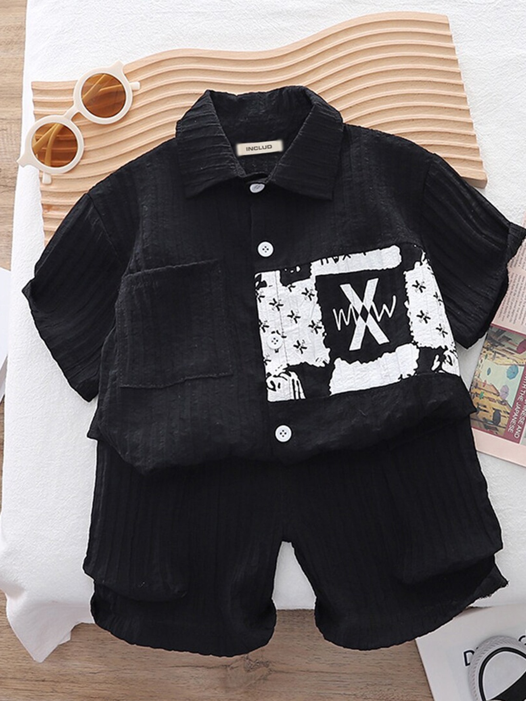 

INCLUD Boys Printed Shirt with Shorts, Black