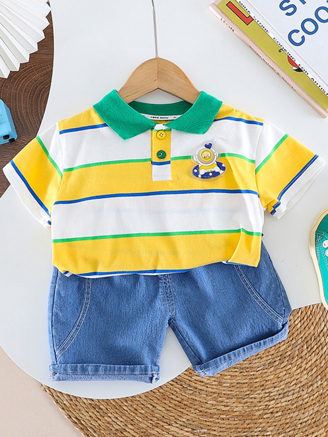 

INCLUD Boys Striped Polo Collar T-shirt with Denim Shorts, Yellow