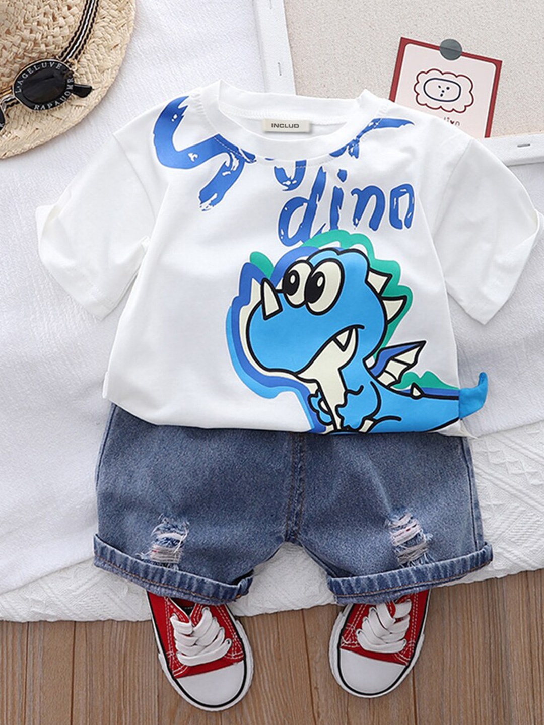 

INCLUD Boys Dinosaur Printed T-shirt With Denim Shorts Set, White