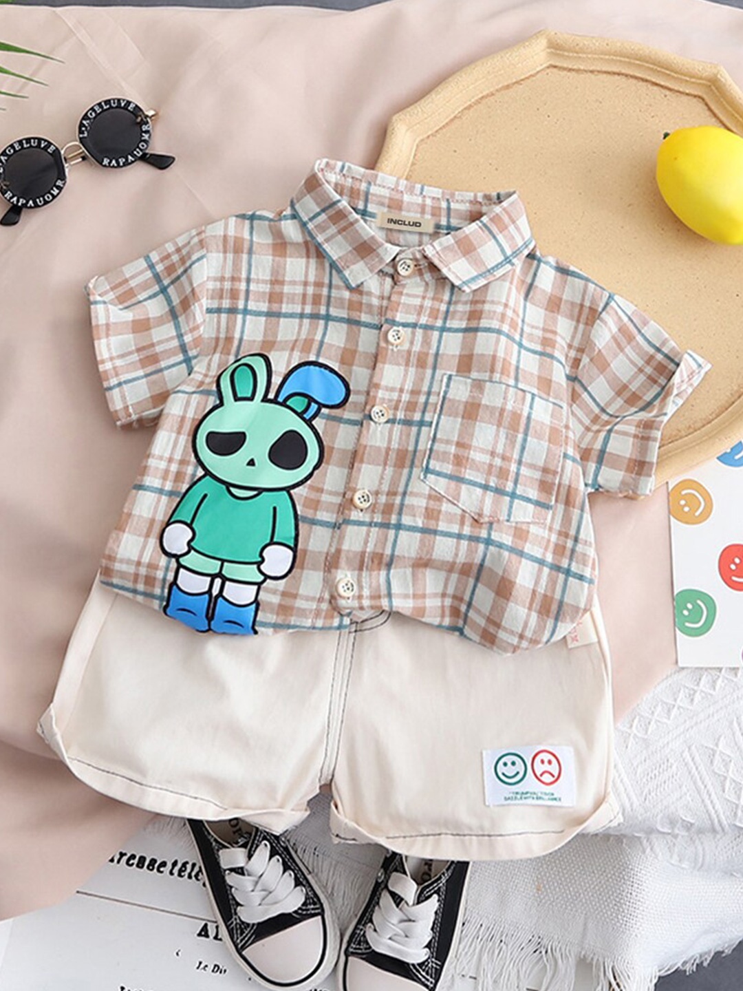 

INCLUD Boys Checked Shirt with Shorts, Brown