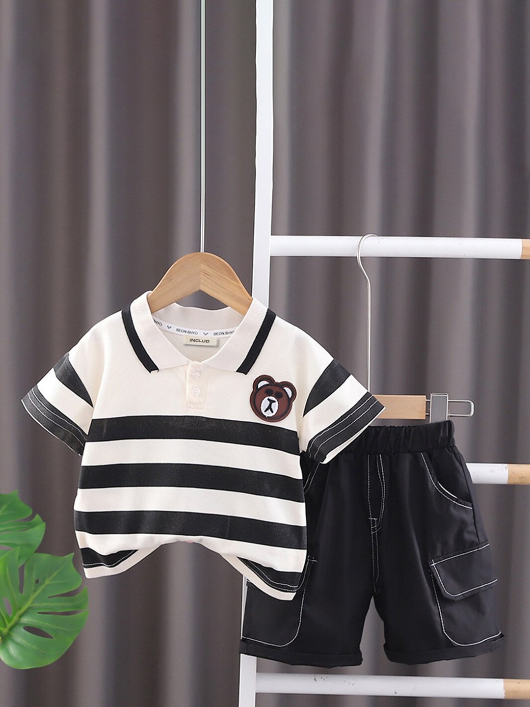 

INCLUD Boys Striped Polo Collar T-shirt with Shorts, Black