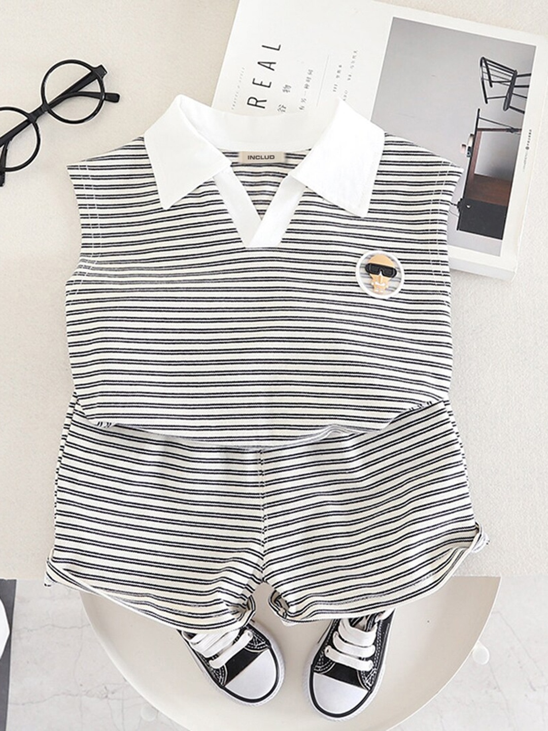 

INCLUD Boys Striped T-shirt with Shorts, Black