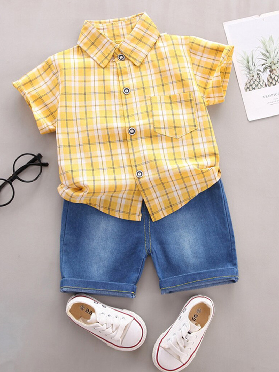 

INCLUD Boys Checked Shirt with Shorts, Yellow
