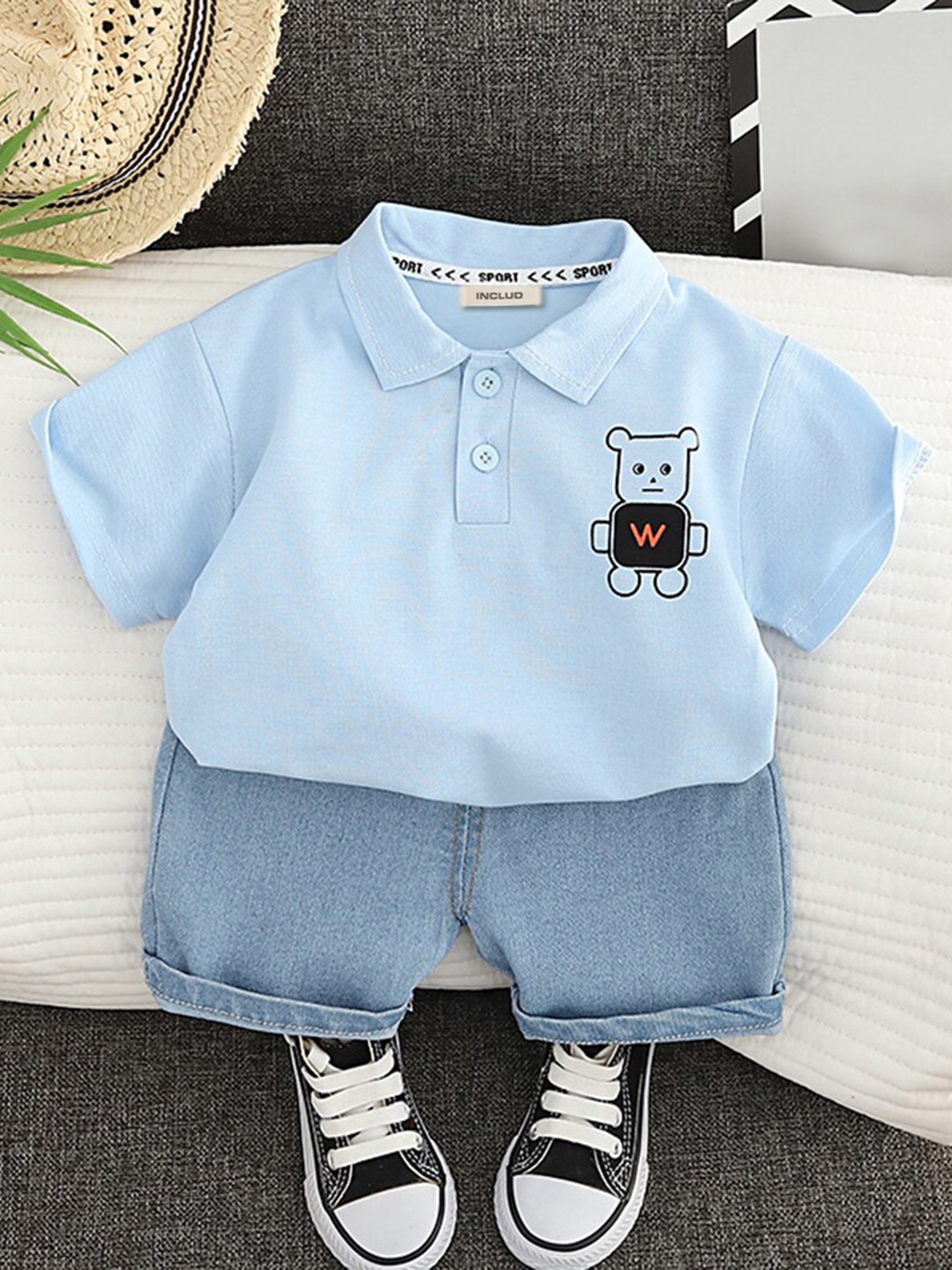 

INCLUD Boys Short Sleeves Polo Collar T-Shirt With Denim Shorts, Blue