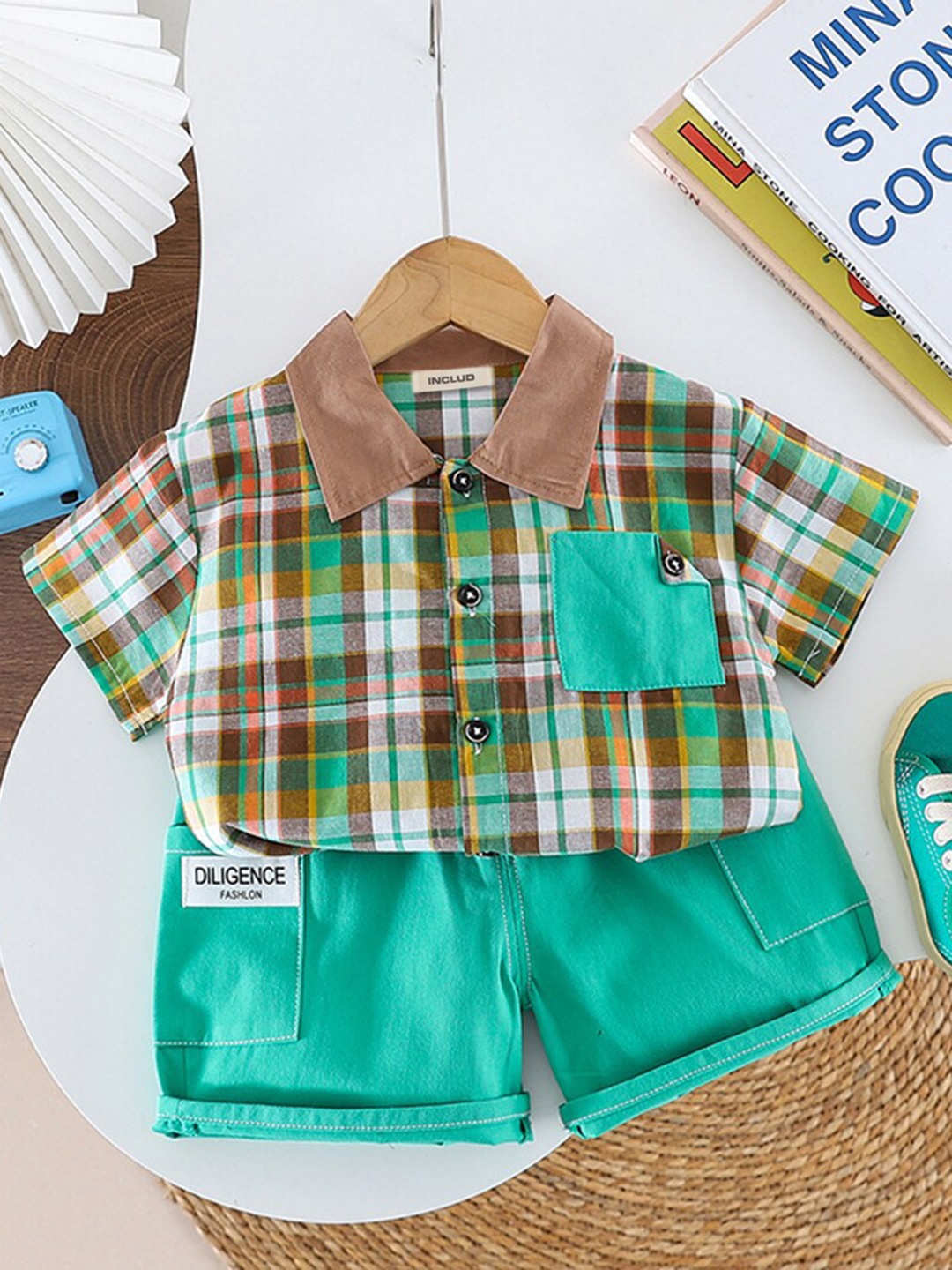 

INCLUD Boys Checked Shirt with Shorts, Green