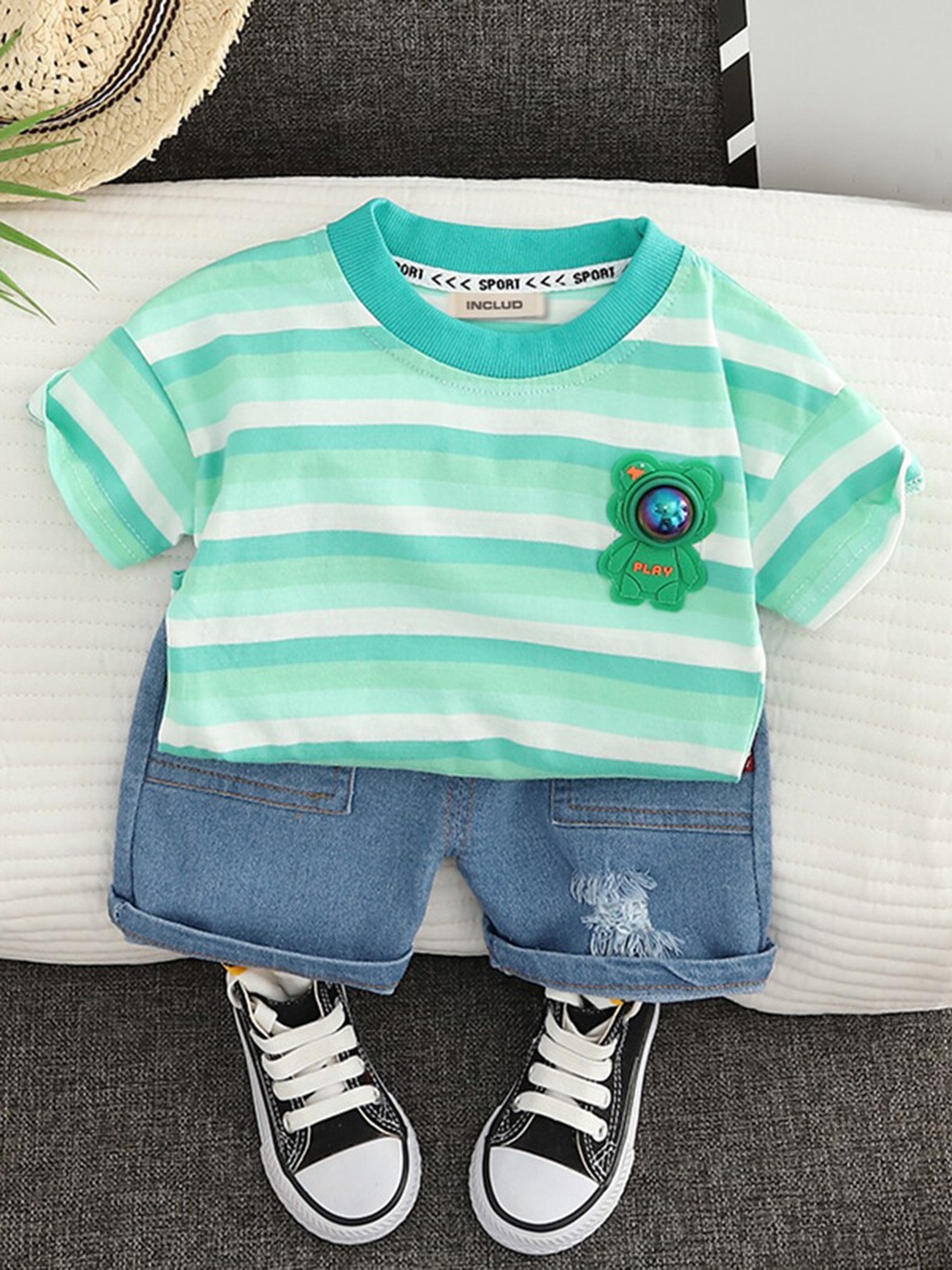 

INCLUD Boys Striped T-shirt With Shorts, Green