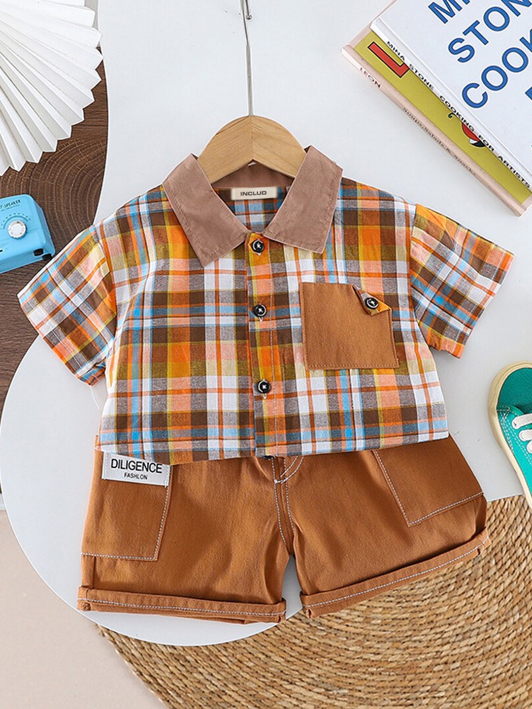 

INCLUD Boys Checked Shirt with Shorts, Brown