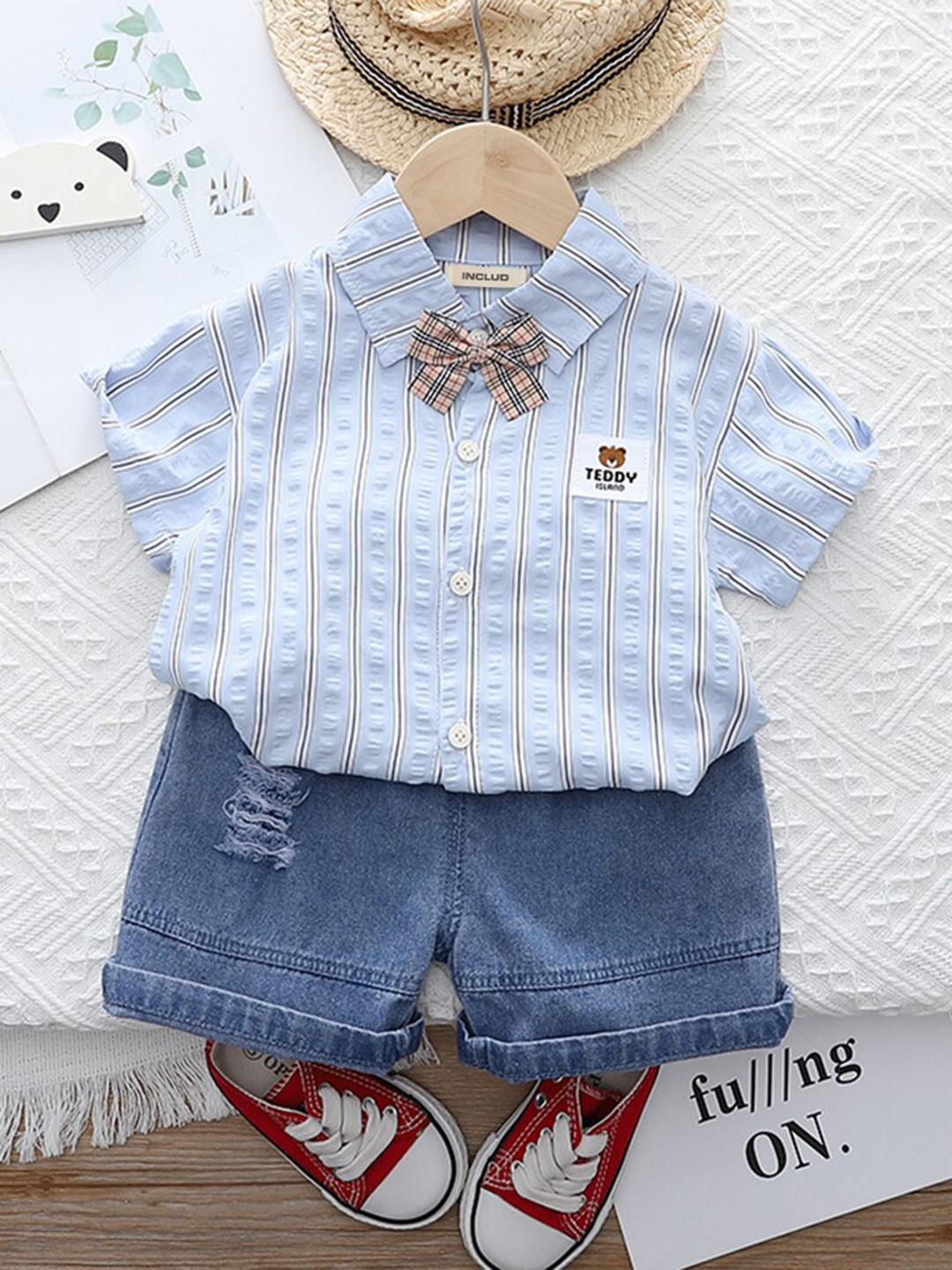 

INCLUD Boys Striped Shirt with Denim Shorts, Blue