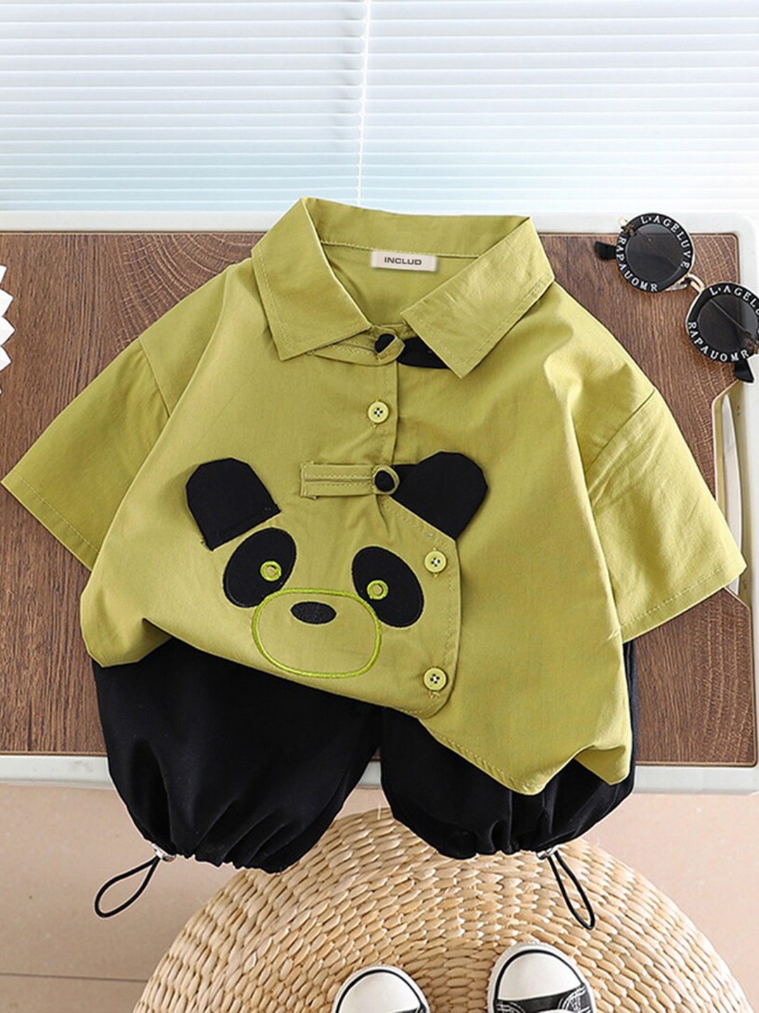 

INCLUD Boys Polo Collar Applique Shirt with Shorts, Green