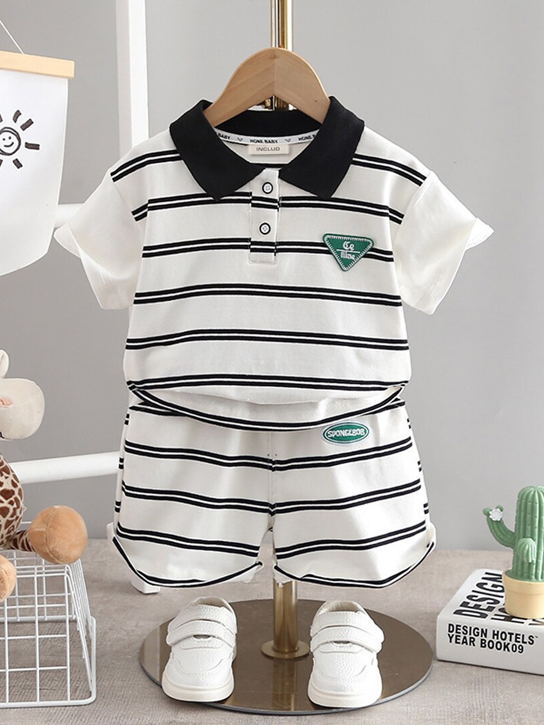 

INCLUD Boys Striped Polo Collar T-shirt with Shorts, White