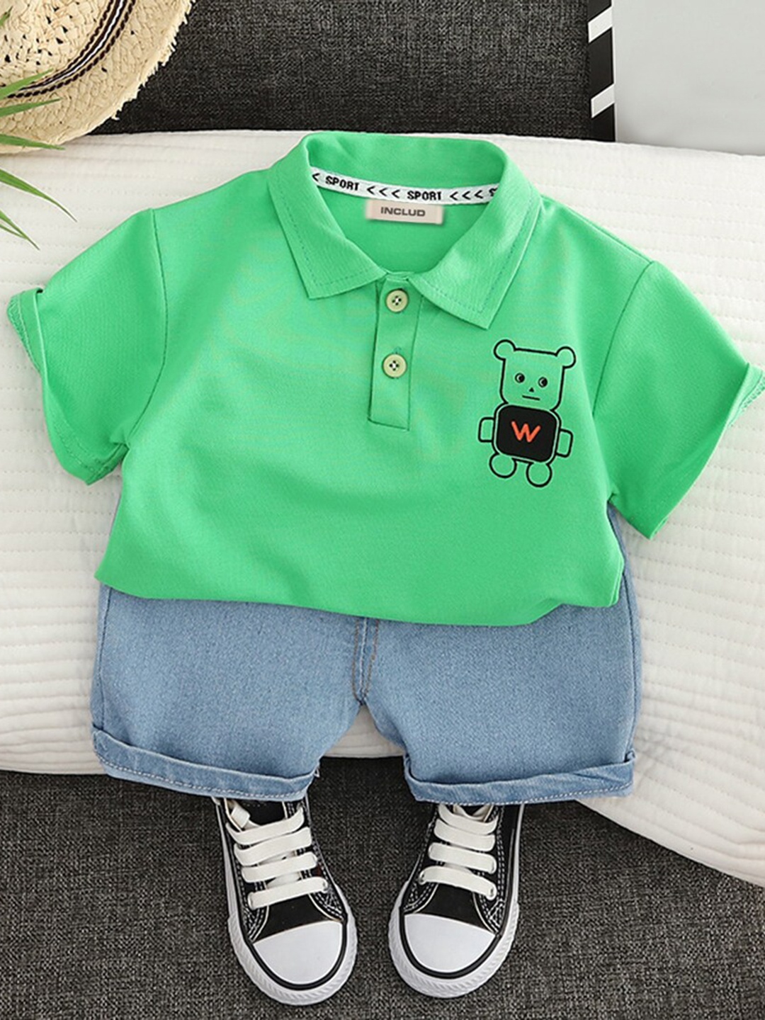 

INCLUD Boys Polo Collar T-shirt With Denim Shorts, Green