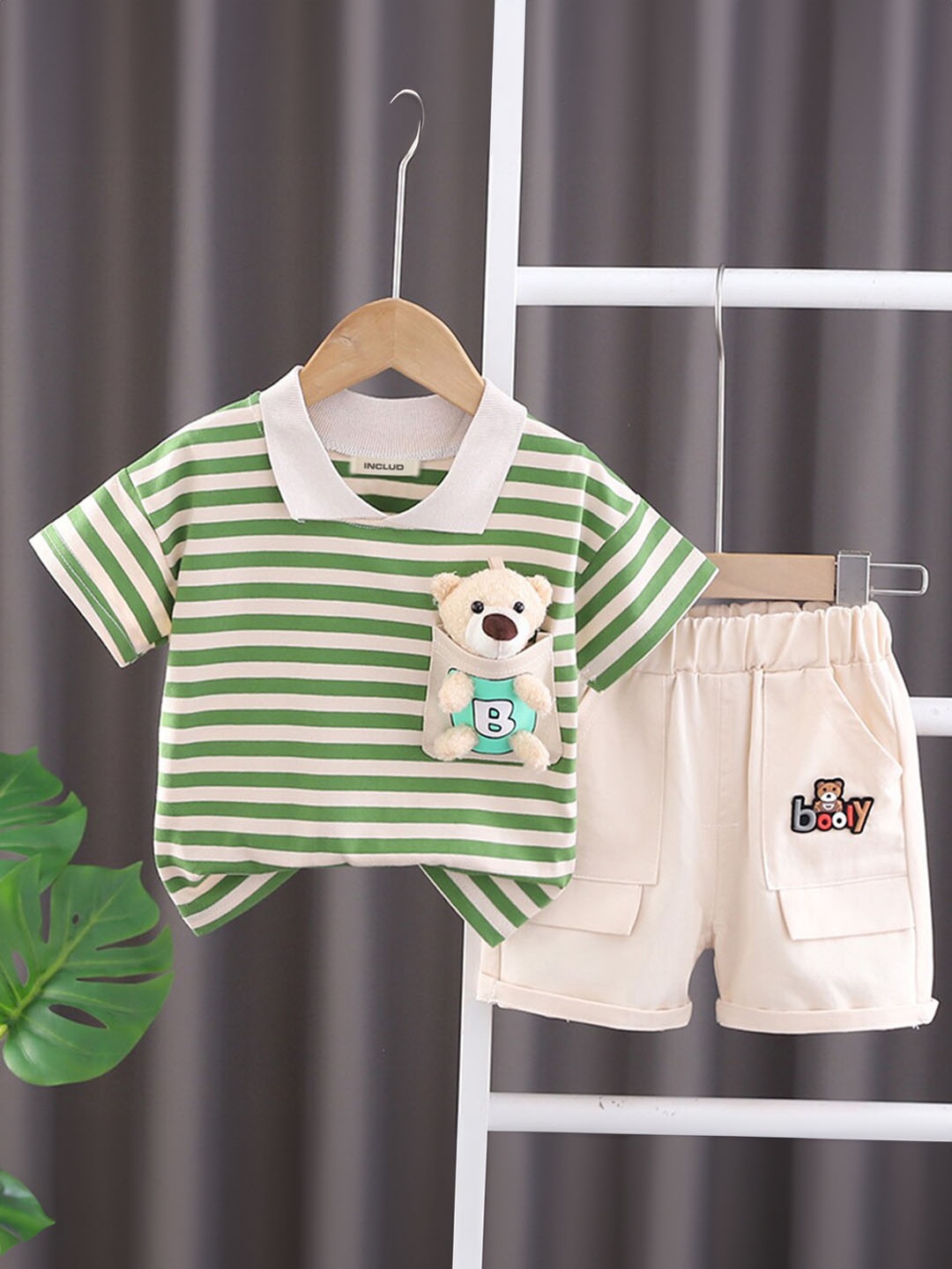 INCLUD Boys Striped T-shirt with Shorts, Green