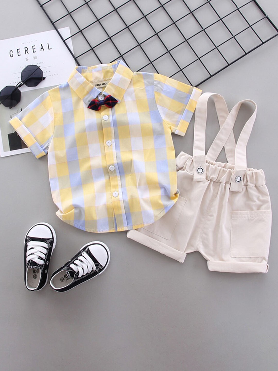 

INCLUD Boys Printed Shirt With Suspender Shorts, Yellow