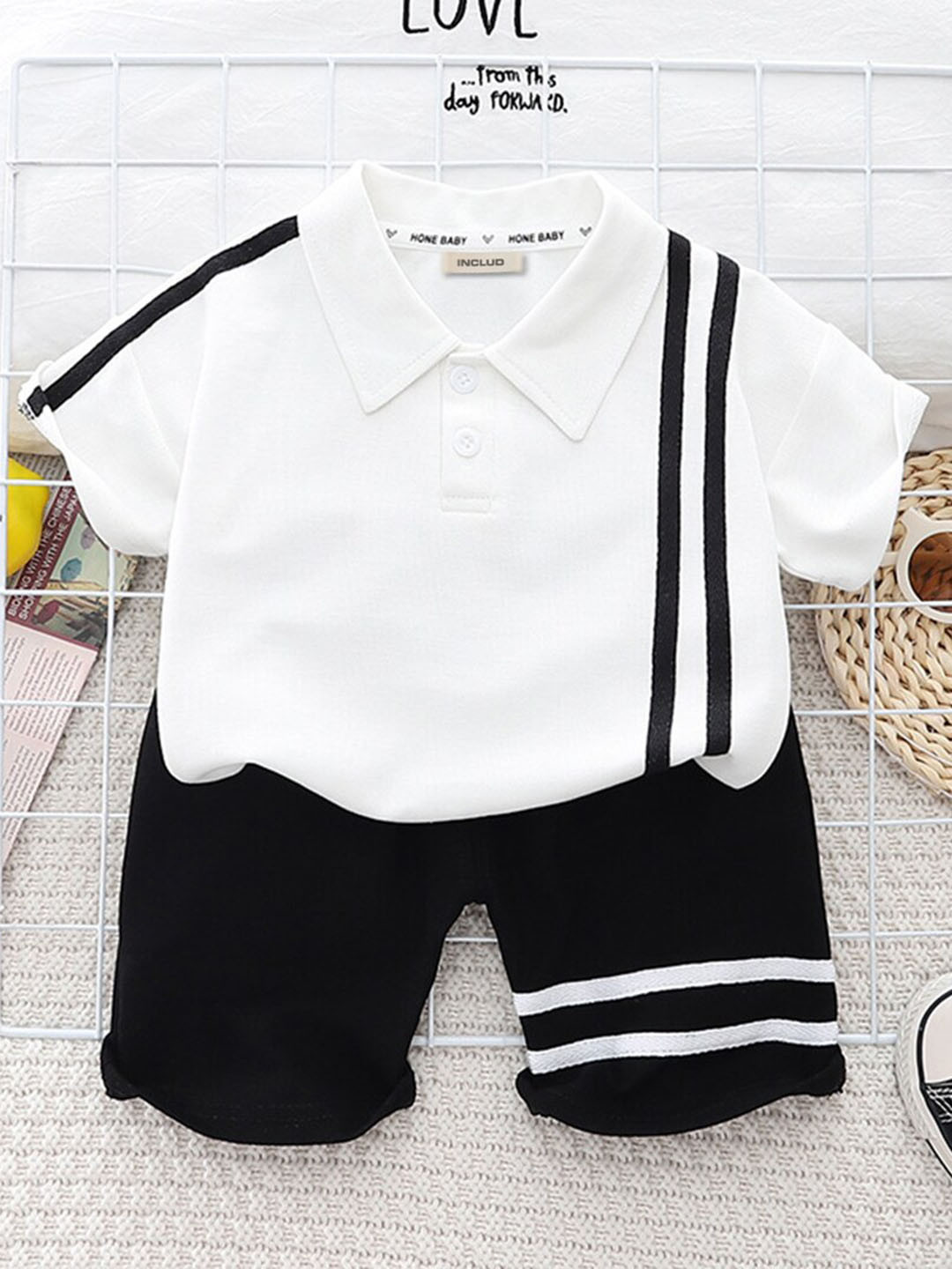 

INCLUD Boys Striped Short Sleeves Polo Collar T-Shirt With Shorts, White