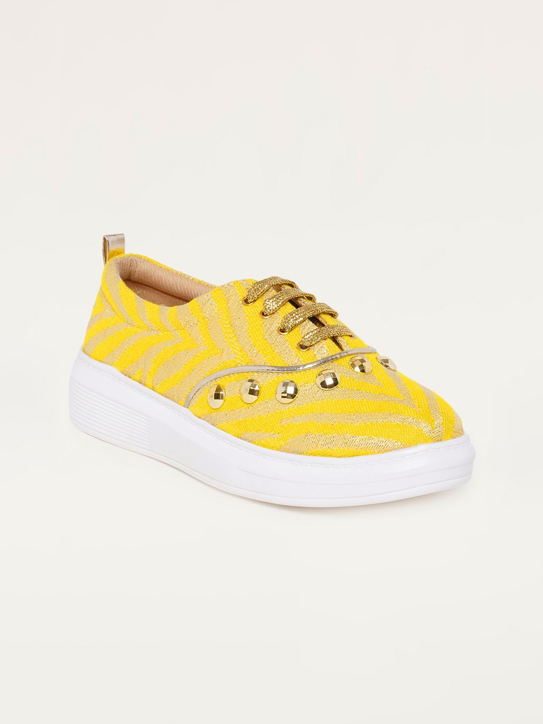 

THE QUIRKY NAARI Women Textured Contrast Sole Canvas Lace-Up Sneakers, Yellow