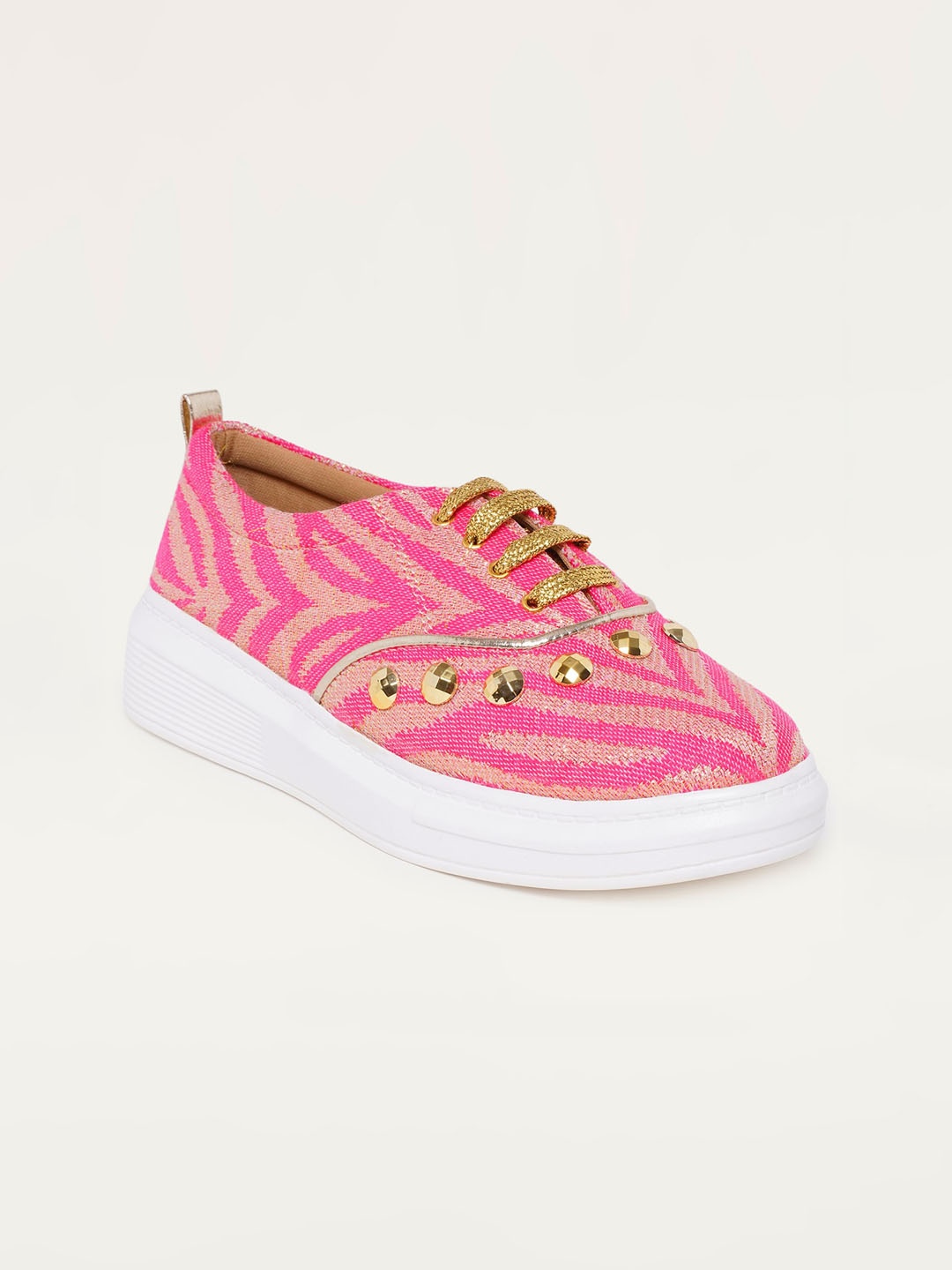 

THE QUIRKY NAARI Women Textured Contrast Sole Canvas Lace-Up Sneakers, Pink