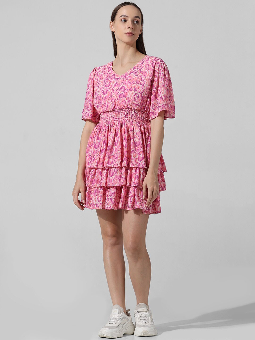 

ONLY Print Flared Sleeve Fit & Flare Dress, Pink