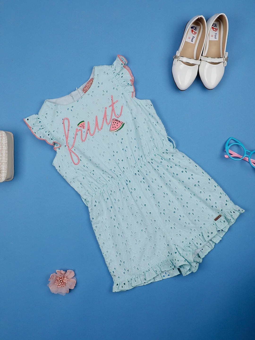 

One Friday Girls Self Design Gathered Detailed Cotton Playsuit, Blue