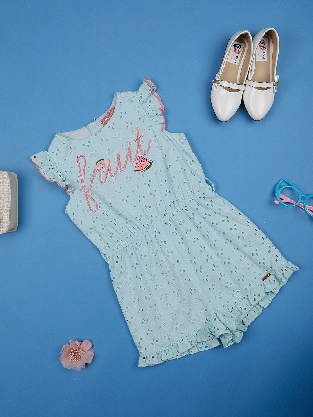 

One Friday Girls Self Design Gathered Detailed Cotton Playsuit, Blue