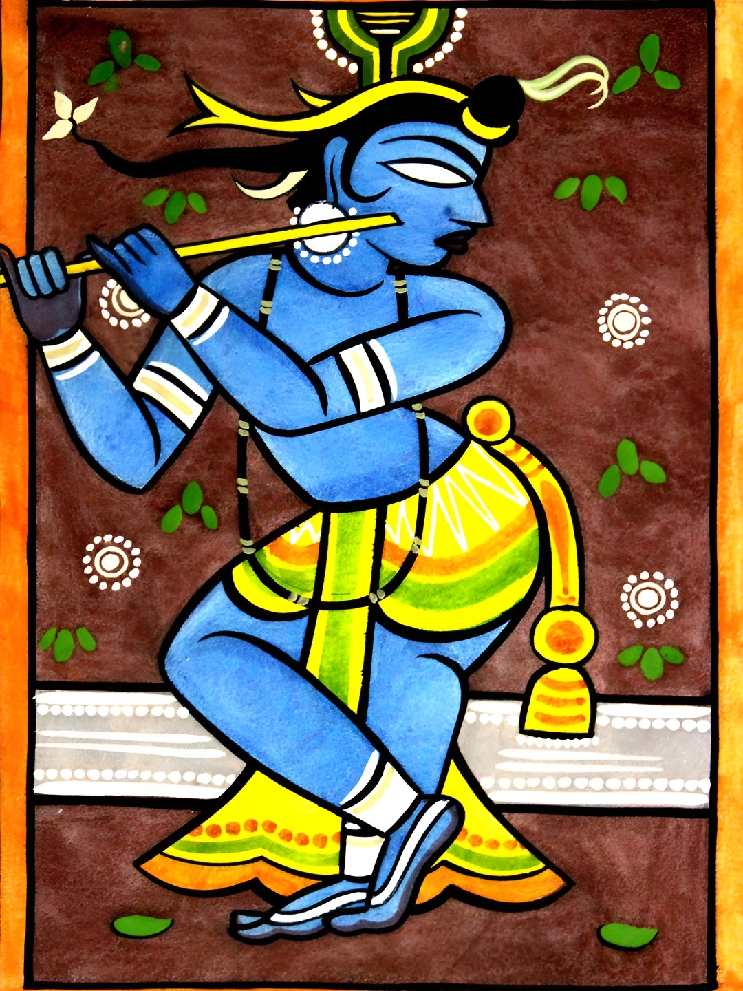 

Adventures India Beige & Blue Shri Krishna Religious Wooden Painting Wall Art