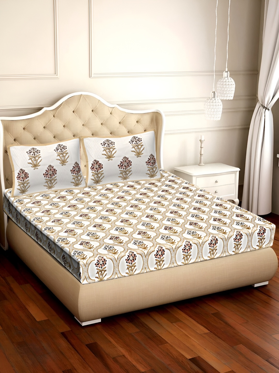 

VANI E Brown & White Floral 180 TC King Bedsheet with 2 Pillow Covers