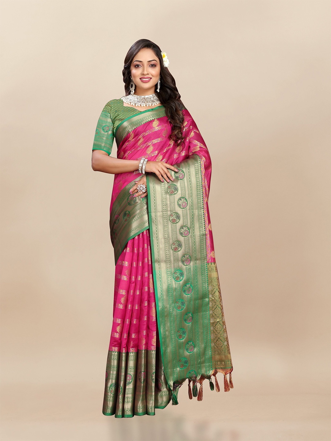 

bansari textiles Woven Design Zari Silk Cotton Banarasi Saree, Pink