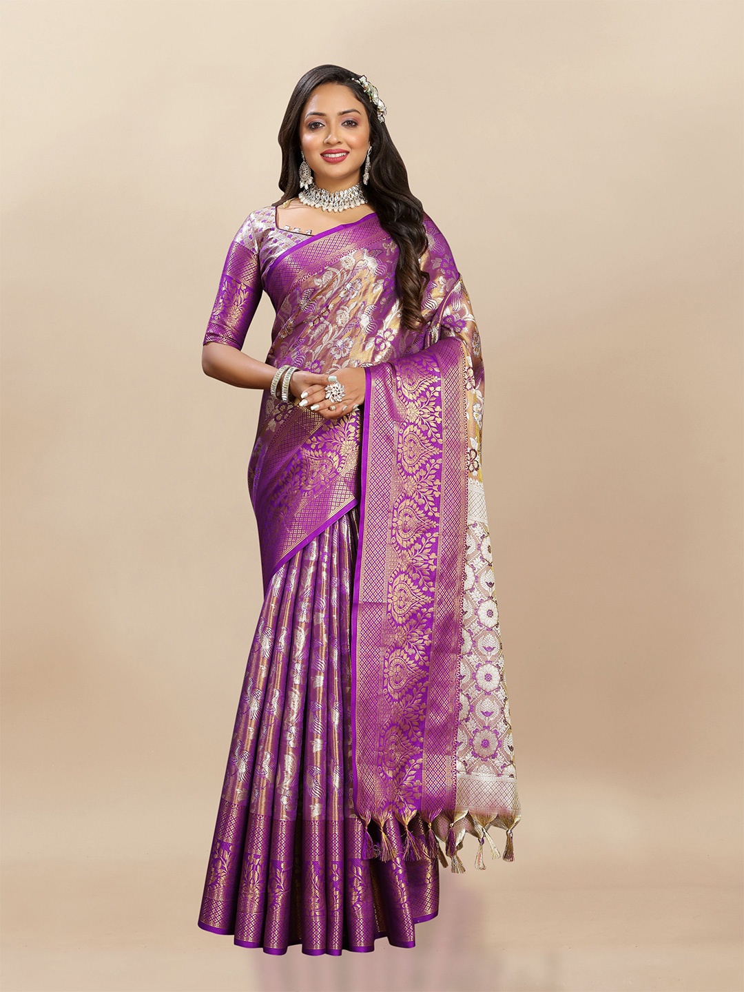 

bansari textiles Woven Design Zari Silk Cotton Banarasi Saree, Purple