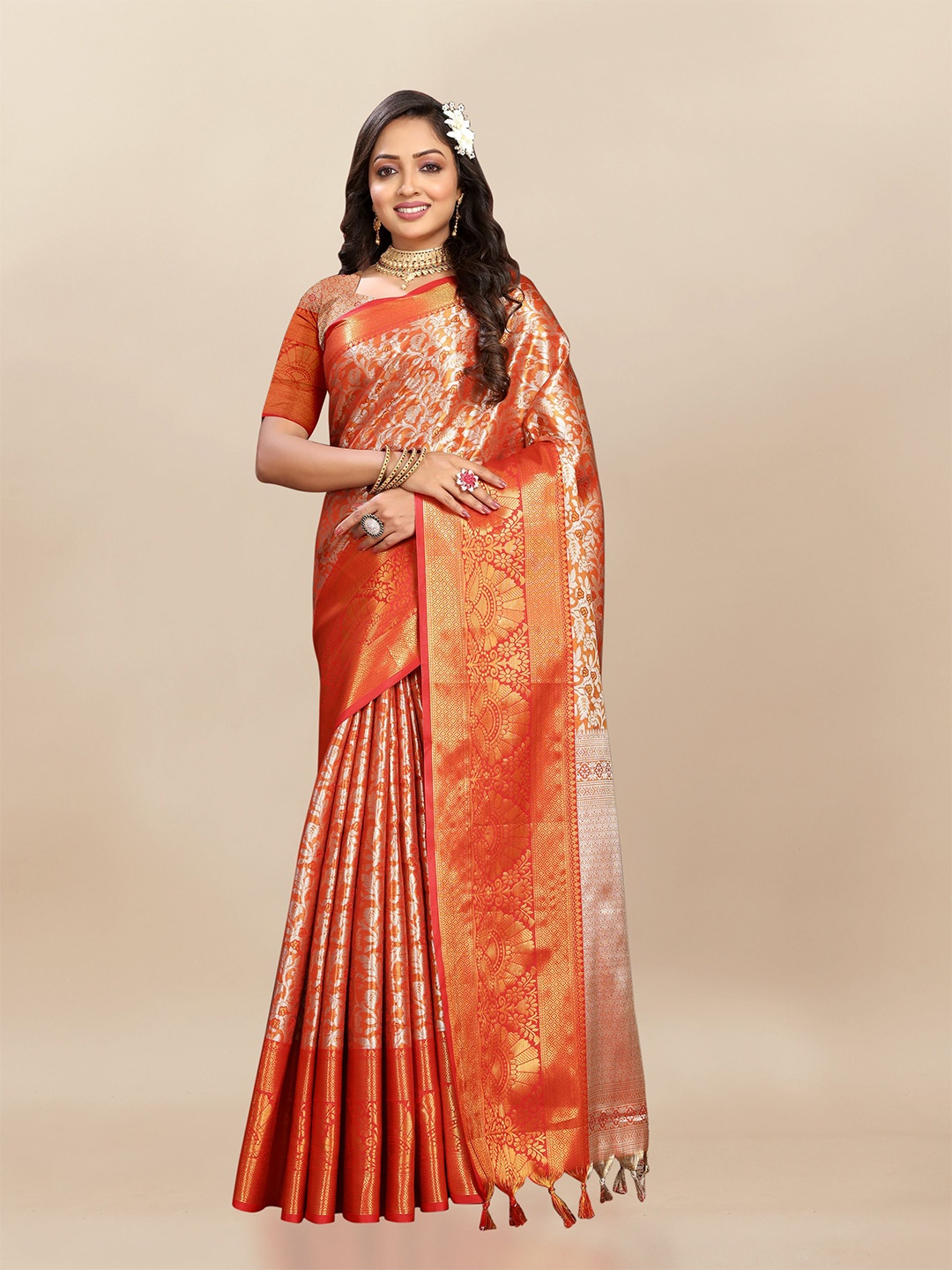 

bansari textiles Floral Woven Design Zari Silk Cotton Banarasi Saree, Red