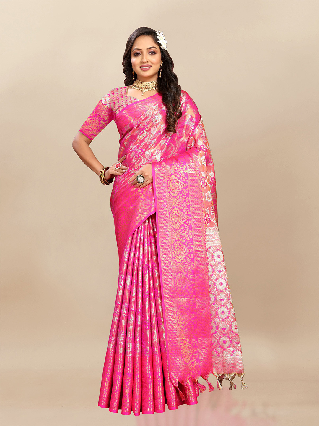 

bansari textiles Woven Design Zari Silk Cotton Banarasi Saree, Pink